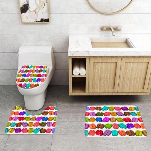 QRFASFZO 3 Stück Badematten und WC Vorleger Microfaser Weiches Badteppich badvorleger rutschfest Waschbar Badezimmerteppich Set,Kunst, eine Reihe von bunten exquisiten französischen Gebäck Macarons von QRFASFZO