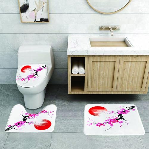 QRFASFZO 3 Stück Badematten und WC Vorleger Microfaser Weiches Badteppich badvorleger rutschfest Waschbar Badezimmerteppich Set,Kunst, rote Sonne und zarte rosa Pflaumenblüten in Tuschemalerei QRFASFZO 3 Stück Badematten und WC Vorleger Microfaser Weiches Badteppich badvorleger rutschfest Waschbar Badezimmerteppich Set,Kunst, rote Sonne und zarte rosa Pflaumenblüten in Tuschemalerei von QRFASFZO