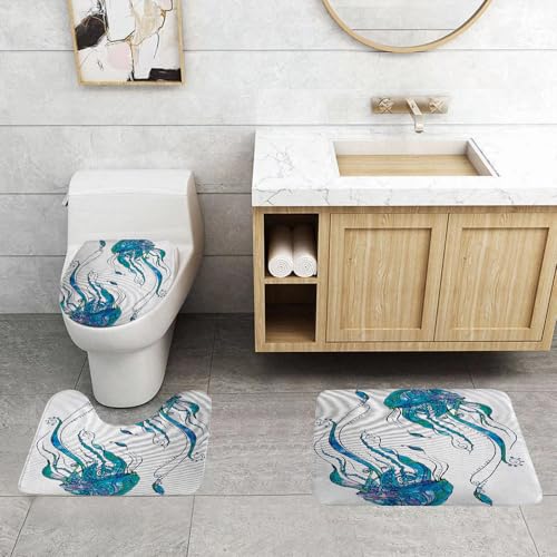 QRFASFZO 3 Stück Badematten und WC Vorleger Microfaser Weiches Badteppich badvorleger rutschfest Waschbar Badezimmerteppich Set,Kunst, schöne Aquarell Quallen Karte Muster Illustration von QRFASFZO