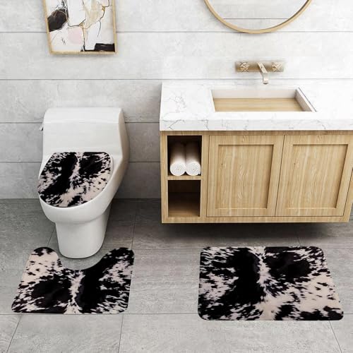 QRFASFZO 3 Stück Badematten und WC Vorleger Microfaser Weiches Badteppich badvorleger rutschfest Waschbar Badezimmerteppich Set,Kunst, schwarz-weiß abstrakte asymmetrische Abdrücke und Linien Hinter von QRFASFZO