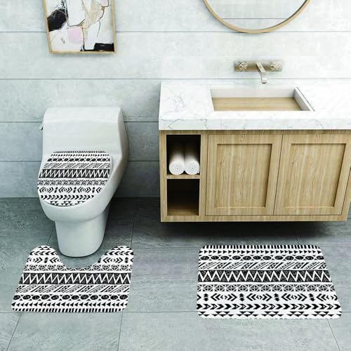 QRFASFZO 3 Stück Badematten und WC Vorleger Microfaser Weiches Badteppich badvorleger rutschfest Waschbar Badezimmerteppich Set,Kunst, schwarz-weißes Vektor-Azteken-Nahtloses Muster, geometrischer a von QRFASFZO