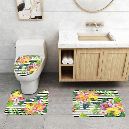 QRFASFZO 3 Stück Badematten und WC Vorleger Microfaser Weiches Badteppich badvorleger rutschfest Waschbar Badezimmerteppich Set,Kunst-Aquarellzeichnung, buntes Blumenmuster auf schwarz-weiß gestreif von QRFASFZO