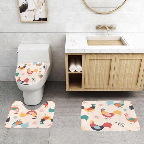 QRFASFZO 3 Stück Badematten und WC Vorleger Microfaser Weiches Badteppich badvorleger rutschfest Waschbar Badezimmerteppich Set,Kunstdekoration, farbenfroher Hahn und Florale Elemente, Sich Wiederho QRFASFZO 3 Stück Badematten und WC Vorleger Microfaser Weiches Badteppich badvorleger rutschfest Waschbar Badezimmerteppich Set,Kunstdekoration, farbenfroher Hahn und Florale Elemente, Sich Wiederho von QRFASFZO