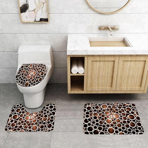 QRFASFZO 3 Stück Badematten und WC Vorleger Microfaser Weiches Badteppich badvorleger rutschfest Waschbar Badezimmerteppich Set,Kupferdekor, Kupfer-Rundrohre 3D-Stil Display Industrie Thema Kreise, von QRFASFZO