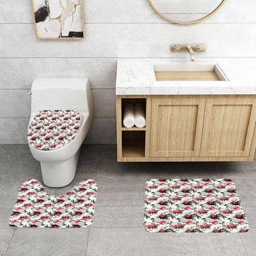 QRFASFZO 3 Stück Badematten und WC Vorleger Microfaser Weiches Badteppich badvorleger rutschfest Waschbar Badezimmerteppich Set,Landhausstil Blumen Rosen Aquarell Bild Kunst, Creme dunkel Koralle Ka von QRFASFZO