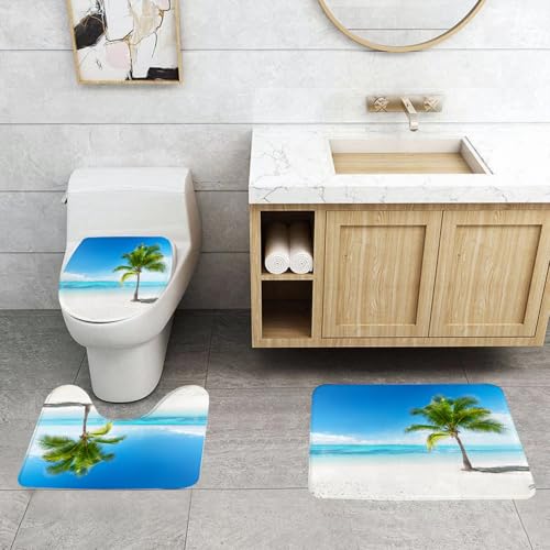 QRFASFZO 3 Stück Badematten und WC Vorleger Microfaser Weiches Badteppich badvorleger rutschfest Waschbar Badezimmerteppich Set,Landschaft, Karibik Malediven Strand l Meer Ozean Palmen Kunstdruck, b von QRFASFZO