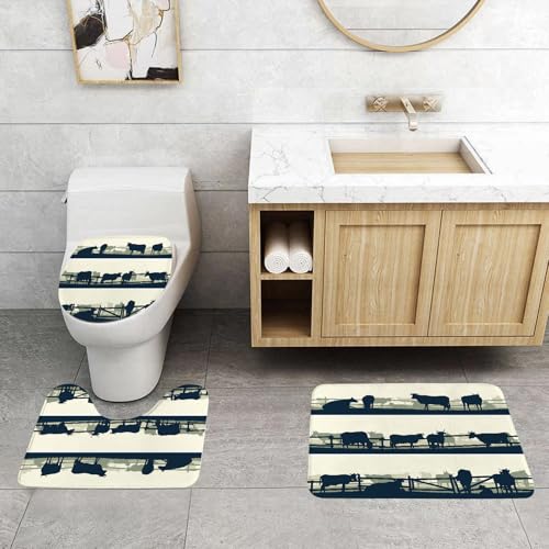 QRFASFZO 3 Stück Badematten und WC Vorleger Microfaser Weiches Badteppich badvorleger rutschfest Waschbar Badezimmerteppich Set,Landwirtschaftliches Thema Weideland Bauernhof Tier Rinder Bulle Silho von QRFASFZO