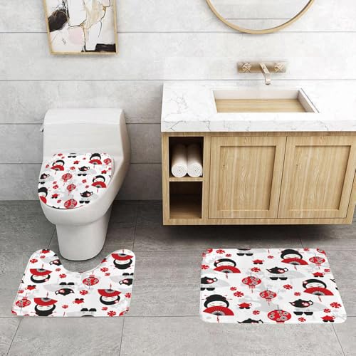 QRFASFZO 3 Stück Badematten und WC Vorleger Microfaser Weiches Badteppich badvorleger rutschfest Waschbar Badezimmerteppich Set,Laterne, Geisha-Fächer, japanische alte chinesische traditionelle Teek von QRFASFZO
