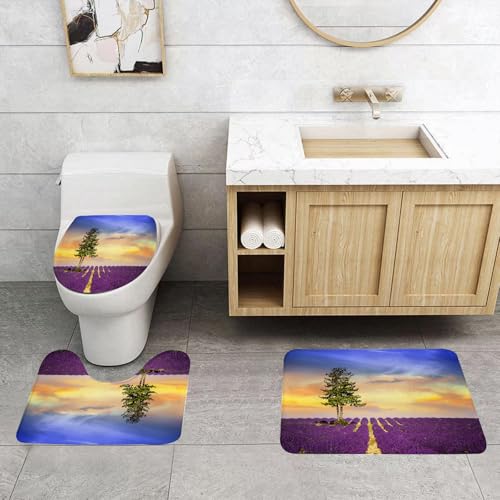 QRFASFZO 3 Stück Badematten und WC Vorleger Microfaser Weiches Badteppich badvorleger rutschfest Waschbar Badezimmerteppich Set,Lavendel, lila Felder mit Sonnenuntergang Hi, hitzebeständige Tischset von QRFASFZO