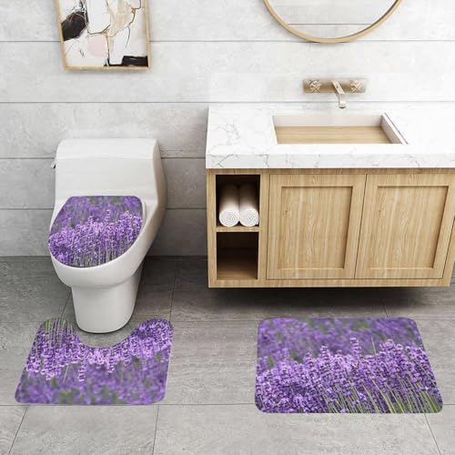 QRFASFZO 3 Stück Badematten und WC Vorleger Microfaser Weiches Badteppich badvorleger rutschfest Waschbar Badezimmerteppich Set,Lavendelfeld Lavandula angustifolia Lavandula officinalis von QRFASFZO