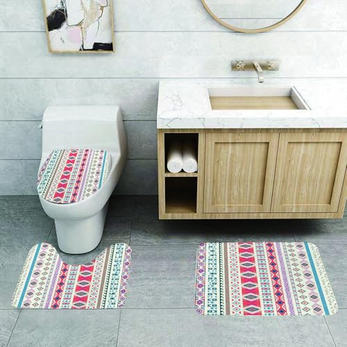 QRFASFZO 3 Stück Badematten und WC Vorleger Microfaser Weiches Badteppich badvorleger rutschfest Waschbar Badezimmerteppich Set,Lebendige geometrische Streifen im Race-Stil, buntes Stammesmuster, Ei von QRFASFZO