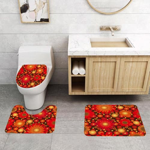QRFASFZO 3 Stück Badematten und WC Vorleger Microfaser Weiches Badteppich badvorleger rutschfest Waschbar Badezimmerteppich Set,Lebendiger bunter, Sich wiederholender Blumenhintergrund von QRFASFZO