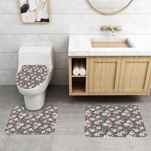 QRFASFZO 3 Stück Badematten und WC Vorleger Microfaser Weiches Badteppich badvorleger rutschfest Waschbar Badezimmerteppich Set,Lebendiges Rosenblatt im Vintage-Stil, Bezaubernder rosa Rosen-Blumend von QRFASFZO