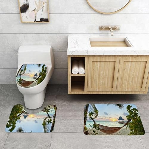 QRFASFZO 3 Stück Badematten und WC Vorleger Microfaser Weiches Badteppich badvorleger rutschfest Waschbar Badezimmerteppich Set,Leere Hängematte am tropischen Strand auf den Malediven bei Sonnenunte von QRFASFZO