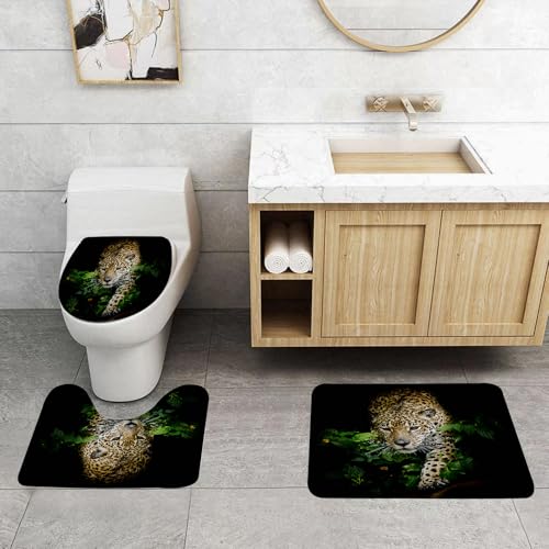 QRFASFZO 3 Stück Badematten und WC Vorleger Microfaser Weiches Badteppich badvorleger rutschfest Waschbar Badezimmerteppich Set,Leopard Wildtier Safari 3D Leopard im Wald Grünes Blatt Blume Lebendig von QRFASFZO