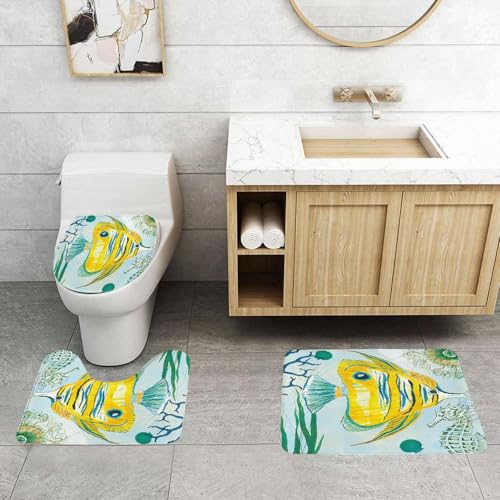 QRFASFZO 3 Stück Badematten und WC Vorleger Microfaser Weiches Badteppich badvorleger rutschfest Waschbar Badezimmerteppich Set,Leuchtend gelber Fisch mit blauen Streifen, sitzend auf einem hellblau QRFASFZO 3 Stück Badematten und WC Vorleger Microfaser Weiches Badteppich badvorleger rutschfest Waschbar Badezimmerteppich Set,Leuchtend gelber Fisch mit blauen Streifen, sitzend auf einem hellblau von QRFASFZO
