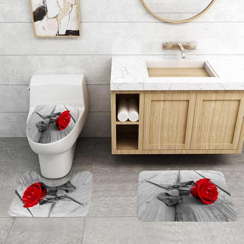 QRFASFZO 3 Stück Badematten und WC Vorleger Microfaser Weiches Badteppich badvorleger rutschfest Waschbar Badezimmerteppich Set,Leuchtend rote Rose auf dem Alten Holz sticht auf den monochromen Blät QRFASFZO 3 Stück Badematten und WC Vorleger Microfaser Weiches Badteppich badvorleger rutschfest Waschbar Badezimmerteppich Set,Leuchtend rote Rose auf dem Alten Holz sticht auf den monochromen Blät von QRFASFZO