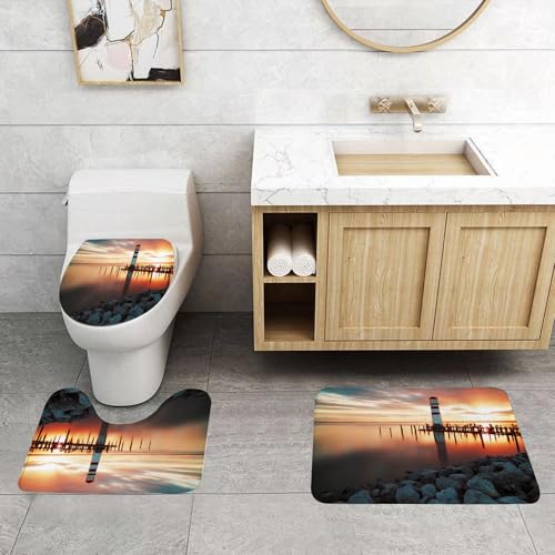 QRFASFZO 3 Stück Badematten und WC Vorleger Microfaser Weiches Badteppich badvorleger rutschfest Waschbar Badezimmerteppich Set,Leuchtturm Dekor, Landschaft Ozean Sonnenuntergang von QRFASFZO