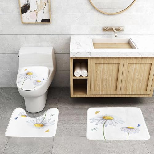 QRFASFZO 3 Stück Badematten und WC Vorleger Microfaser Weiches Badteppich badvorleger rutschfest Waschbar Badezimmerteppich Set,Libelle, Kamillenmotte, Libellen, erfrischender Natur-Vorlagendruck mi von QRFASFZO