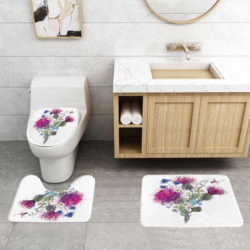 QRFASFZO 3 Stück Badematten und WC Vorleger Microfaser Weiches Badteppich badvorleger rutschfest Waschbar Badezimmerteppich Set,Libelle, Sommer Natur Wiesenkräuter Bouquet Wilde Disteln Chamomi von QRFASFZO