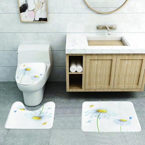 QRFASFZO 3 Stück Badematten und WC Vorleger Microfaser Weiches Badteppich badvorleger rutschfest Waschbar Badezimmerteppich Set,Libelle, erfrischender Naturmusterdruck mit Halsausschnitt von QRFASFZO