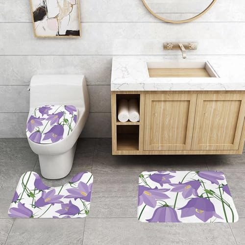 QRFASFZO 3 Stück Badematten und WC Vorleger Microfaser Weiches Badteppich badvorleger rutschfest Waschbar Badezimmerteppich Set,Lila Blüten, eine Gruppe wunderschöner lila Lavendel mit grünen Stiele von QRFASFZO