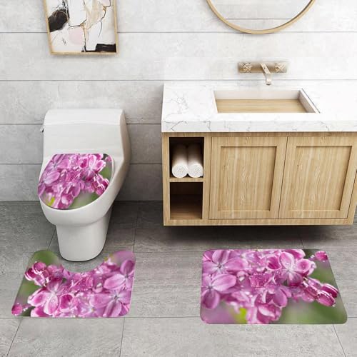 QRFASFZO 3 Stück Badematten und WC Vorleger Microfaser Weiches Badteppich badvorleger rutschfest Waschbar Badezimmerteppich Set,Lila Blumenhintergrund. Rosa Flieder blüht im Frühling im Park. von QRFASFZO