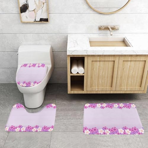QRFASFZO 3 Stück Badematten und WC Vorleger Microfaser Weiches Badteppich badvorleger rutschfest Waschbar Badezimmerteppich Set,Lila Dekor, Feminine Blütenblätter in lila Printtönen von QRFASFZO