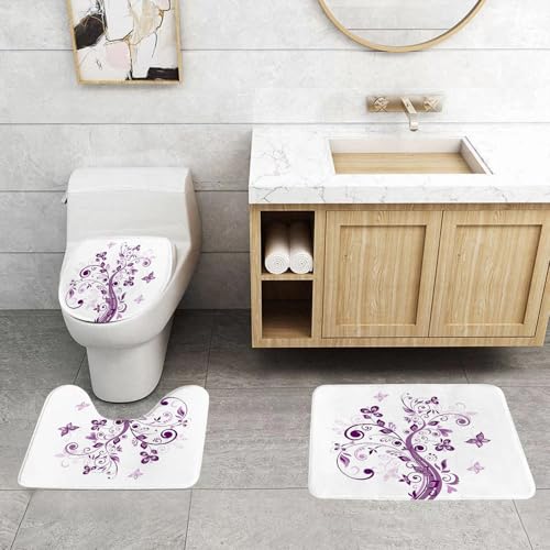 QRFASFZO 3 Stück Badematten und WC Vorleger Microfaser Weiches Badteppich badvorleger rutschfest Waschbar Badezimmerteppich Set,Lila Dekoration, Baum mit wirbelnden Zweigen und Blüten QRFASFZO 3 Stück Badematten und WC Vorleger Microfaser Weiches Badteppich badvorleger rutschfest Waschbar Badezimmerteppich Set,Lila Dekoration, Baum mit wirbelnden Zweigen und Blüten von QRFASFZO