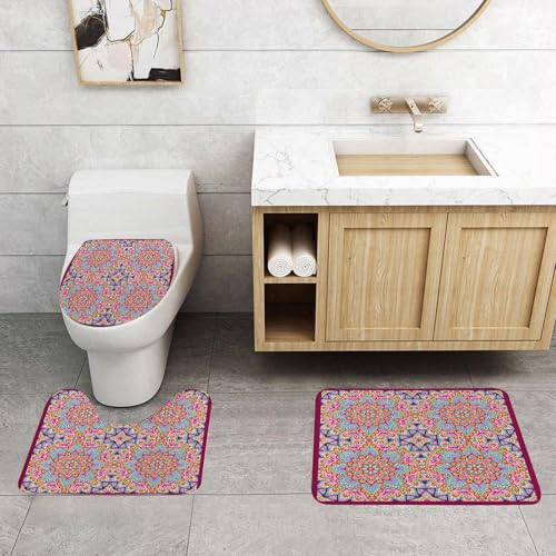 QRFASFZO 3 Stück Badematten und WC Vorleger Microfaser Weiches Badteppich badvorleger rutschfest Waschbar Badezimmerteppich Set,Lila Mandala, Arabeske Hippie-Stil Authentisch orientalisch in marokka von QRFASFZO