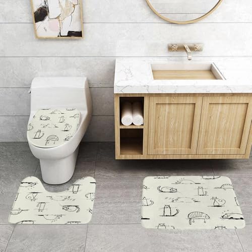 QRFASFZO 3 Stück Badematten und WC Vorleger Microfaser Weiches Badteppich badvorleger rutschfest Waschbar Badezimmerteppich Set,Lustige Katzen skizzieren Nahtlose Muster für Ihr Design von QRFASFZO