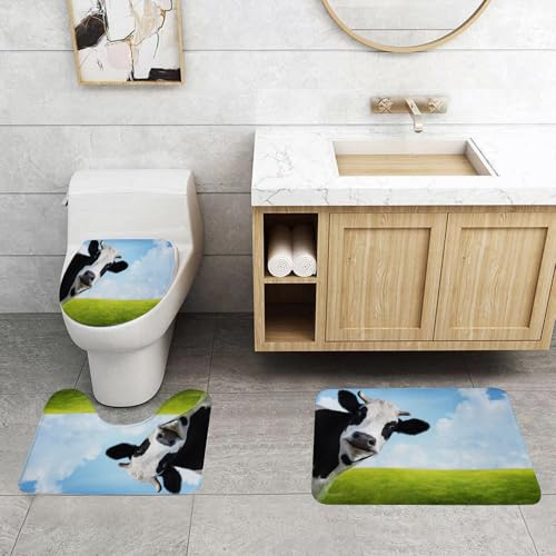 QRFASFZO 3 Stück Badematten und WC Vorleger Microfaser Weiches Badteppich badvorleger rutschfest Waschbar Badezimmerteppich Set,Lustige Kuh auf Einer grünen Sommerwiese. Unscharfer Hintergrund von QRFASFZO