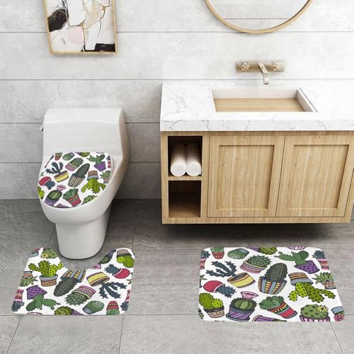 QRFASFZO 3 Stück Badematten und WC Vorleger Microfaser Weiches Badteppich badvorleger rutschfest Waschbar Badezimmerteppich Set,Lustiger Kaktus-Farb- und Charaktertopf, wunderliche Kaktusdornen und von QRFASFZO