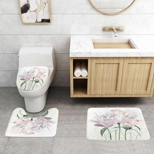 QRFASFZO 3 Stück Badematten und WC Vorleger Microfaser Weiches Badteppich badvorleger rutschfest Waschbar Badezimmerteppich Set,Luxuriöse weiße Pfingstrose Blume in Pastellfarben mit Knospe und Blum von QRFASFZO