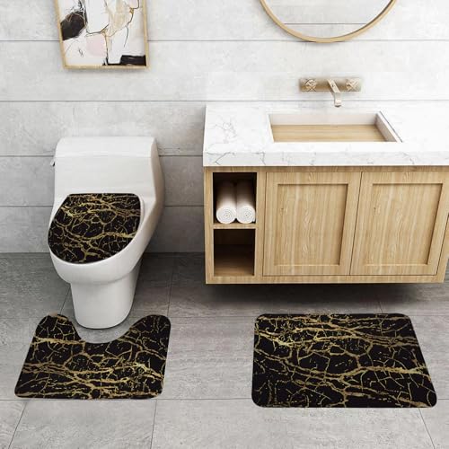 QRFASFZO 3 Stück Badematten und WC Vorleger Microfaser Weiches Badteppich badvorleger rutschfest Waschbar Badezimmerteppich Set,Luxuriöses schwarz-goldenes Marmormuster mit komplexen Goldstrahlen Lu von QRFASFZO
