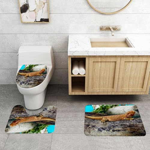 QRFASFZO 3 Stück Badematten und WC Vorleger Microfaser Weiches Badteppich badvorleger rutschfest Waschbar Badezimmerteppich Set,Majestätische Reptilienechse, brauner Bartagame auf Holz von QRFASFZO
