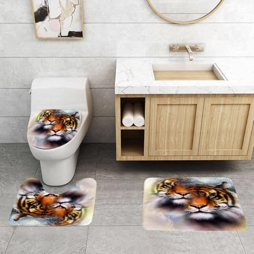 QRFASFZO 3 Stück Badematten und WC Vorleger Microfaser Weiches Badteppich badvorleger rutschfest Waschbar Badezimmerteppich Set,Majestätischer Tiger mit wunderschönen Doppelporträts, Tiger in der Ku von QRFASFZO
