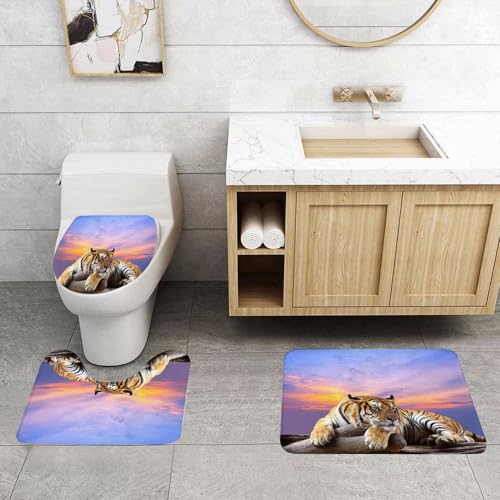 QRFASFZO 3 Stück Badematten und WC Vorleger Microfaser Weiches Badteppich badvorleger rutschfest Waschbar Badezimmerteppich Set,Majestätischer Tiger mit wunderschönen Doppelporträts, Tiger in der Ku von QRFASFZO