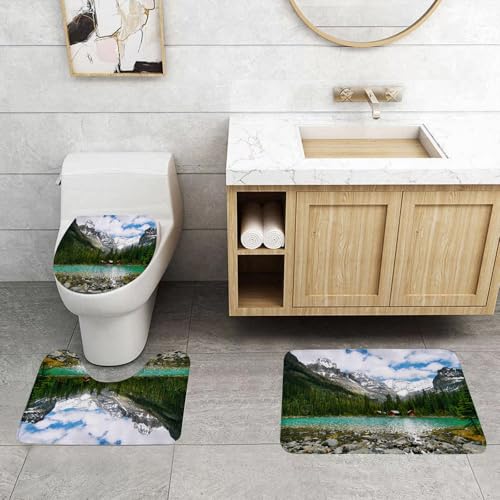 QRFASFZO 3 Stück Badematten und WC Vorleger Microfaser Weiches Badteppich badvorleger rutschfest Waschbar Badezimmerteppich Set,Malerische Wildnisszene mit klarem Wasser, majestätischen Bergen und r von QRFASFZO