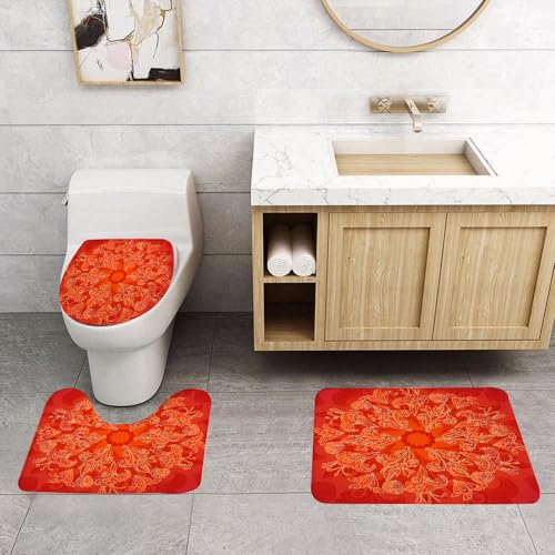 QRFASFZO 3 Stück Badematten und WC Vorleger Microfaser Weiches Badteppich badvorleger rutschfest Waschbar Badezimmerteppich Set,Mandala-Kunst, kompliziertes orange-rotes kreisförmiges Design mit exq QRFASFZO 3 Stück Badematten und WC Vorleger Microfaser Weiches Badteppich badvorleger rutschfest Waschbar Badezimmerteppich Set,Mandala-Kunst, kompliziertes orange-rotes kreisförmiges Design mit exq von QRFASFZO