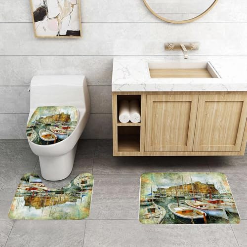 QRFASFZO 3 Stück Badematten und WC Vorleger Microfaser Weiches Badteppich badvorleger rutschfest Waschbar Badezimmerteppich Set,Marine, Neapel, kleine Boote an der historischen italienischen Küste m von QRFASFZO