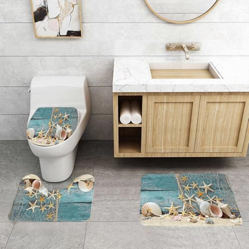 QRFASFZO 3 Stück Badematten und WC Vorleger Microfaser Weiches Badteppich badvorleger rutschfest Waschbar Badezimmerteppich Set,Marine-Dekoration, Muscheln und Seesterne auf verwittertem blauem Holz QRFASFZO 3 Stück Badematten und WC Vorleger Microfaser Weiches Badteppich badvorleger rutschfest Waschbar Badezimmerteppich Set,Marine-Dekoration, Muscheln und Seesterne auf verwittertem blauem Holz von QRFASFZO