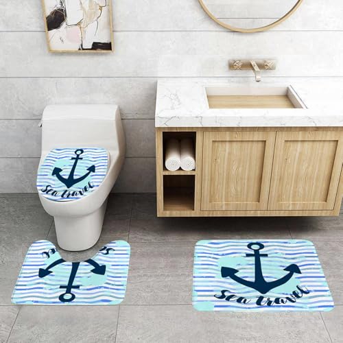 QRFASFZO 3 Stück Badematten und WC Vorleger Microfaser Weiches Badteppich badvorleger rutschfest Waschbar Badezimmerteppich Set,Marine-Design, ikonisches Ankersymbol und Text „Ocean Travel“ mit Küst von QRFASFZO
