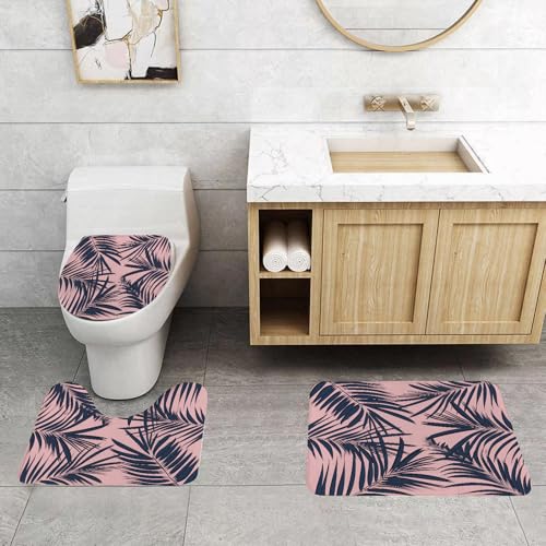 QRFASFZO 3 Stück Badematten und WC Vorleger Microfaser Weiches Badteppich badvorleger rutschfest Waschbar Badezimmerteppich Set,Marineblau und Blush, Sommer Exotische Blumen Tropische Palmenblätter von QRFASFZO