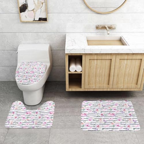 QRFASFZO 3 Stück Badematten und WC Vorleger Microfaser Weiches Badteppich badvorleger rutschfest Waschbar Badezimmerteppich Set,Marineblau und Rouge, Frühlingssträuße auf Orchideenstreifen QRFASFZO 3 Stück Badematten und WC Vorleger Microfaser Weiches Badteppich badvorleger rutschfest Waschbar Badezimmerteppich Set,Marineblau und Rouge, Frühlingssträuße auf Orchideenstreifen von QRFASFZO