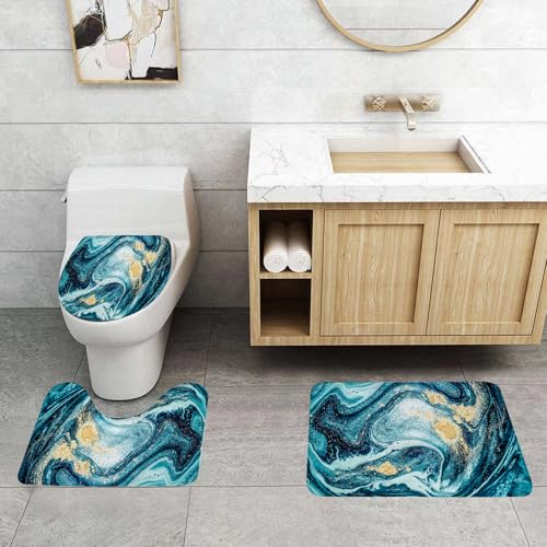 QRFASFZO 3 Stück Badematten und WC Vorleger Microfaser Weiches Badteppich badvorleger rutschfest Waschbar Badezimmerteppich Set,Marmor Abstrakte Wellen Ozean Blau Wirbel Teal Achat Natürlicher Luxus von QRFASFZO