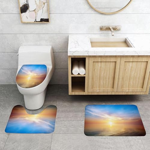 QRFASFZO 3 Stück Badematten und WC Vorleger Microfaser Weiches Badteppich badvorleger rutschfest Waschbar Badezimmerteppich Set,Meer Sonne (Sonnenuntergang), Meer Sonnenschein, allmählichen Himmel, von QRFASFZO