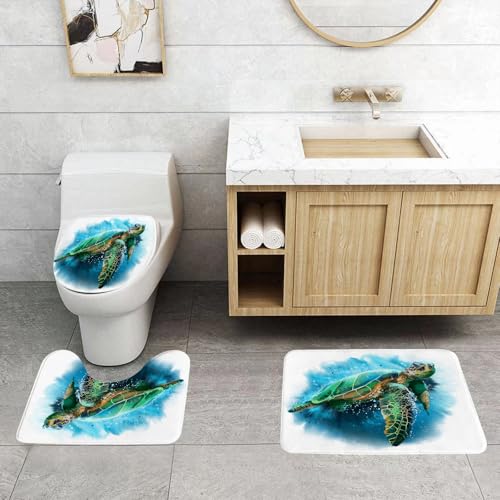 QRFASFZO 3 Stück Badematten und WC Vorleger Microfaser Weiches Badteppich badvorleger rutschfest Waschbar Badezimmerteppich Set,Meeresschildkröte Ozean Kreatur Aquarell Schildkröte auf grauem Rustik von QRFASFZO