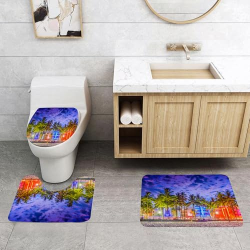QRFASFZO 3 Stück Badematten und WC Vorleger Microfaser Weiches Badteppich badvorleger rutschfest Waschbar Badezimmerteppich Set,Miami Beach, Florida, USA, am Ocean Drive bei Sonnenuntergang. von QRFASFZO