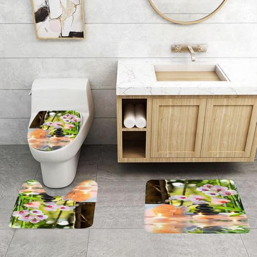 QRFASFZO 3 Stück Badematten und WC Vorleger Microfaser Weiches Badteppich badvorleger rutschfest Waschbar Badezimmerteppich Set,Mit Handtüchern, Steinen, Orchideen und Kerzen, rollenden Handtüchern, von QRFASFZO